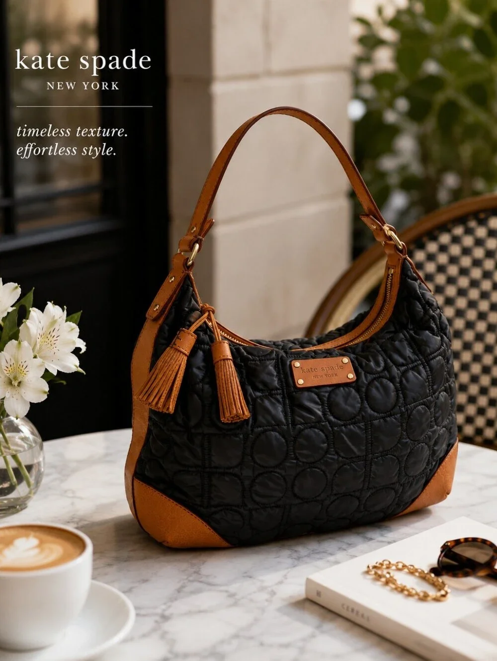 kate spade Black Quilted Shoulder Bag with Tan Leather Trim and Tassels